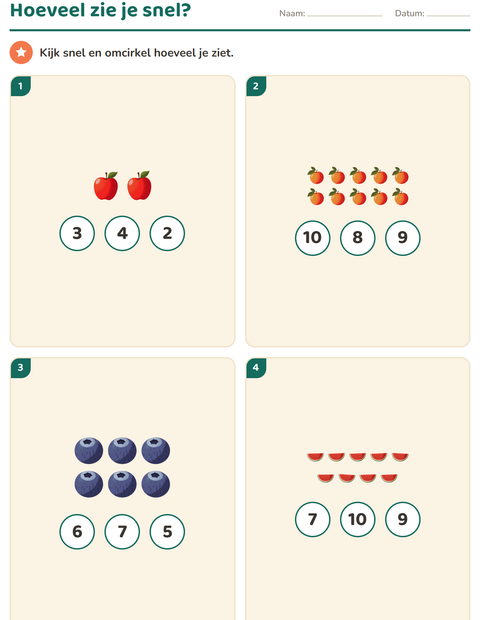 Voorbeeld van het Tienraam-werkblad met Fruit voor kleuterklas