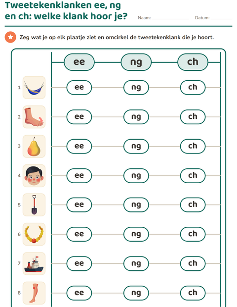 Voorbeeld van het Tweetekenklanken-werkblad voor groep 3