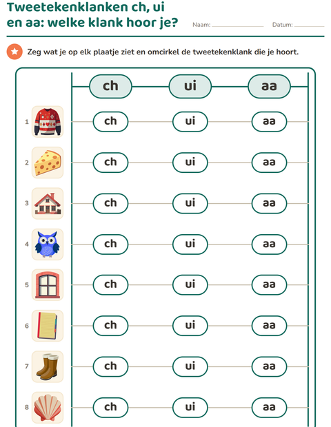 Voorbeeld van het Tweetekenklanken-werkblad voor groep 3