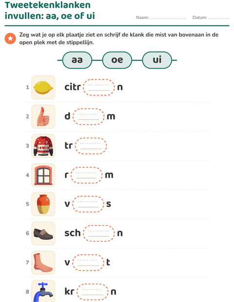 Voorbeeld van het Tweetekenklanken-werkblad voor groep 3