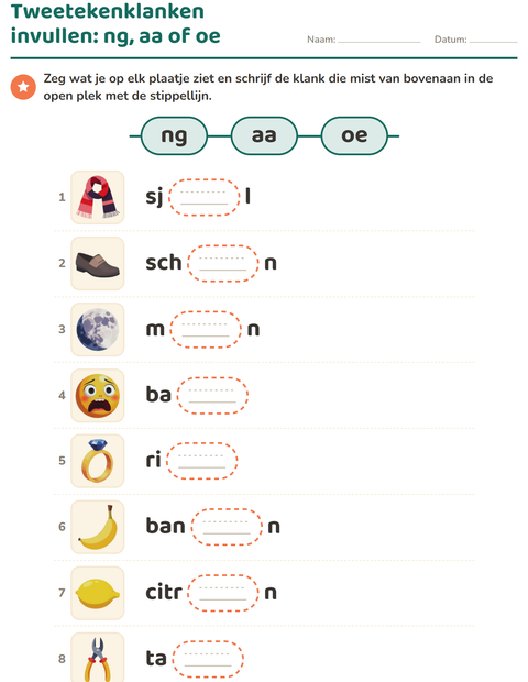 Voorbeeld van het Tweetekenklanken-werkblad voor groep 3
