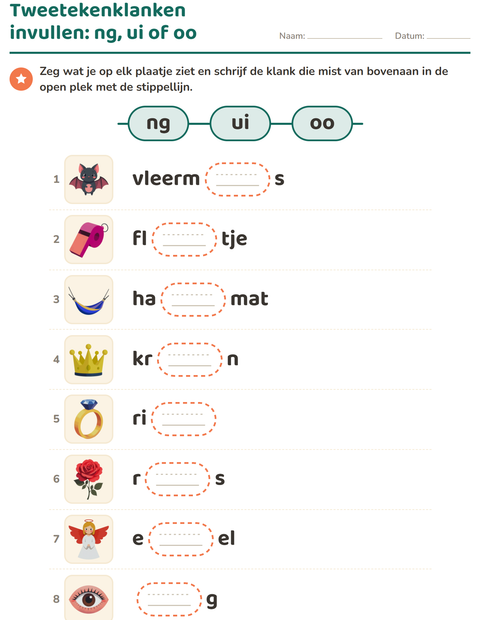Voorbeeld van het Tweetekenklanken-werkblad voor groep 3