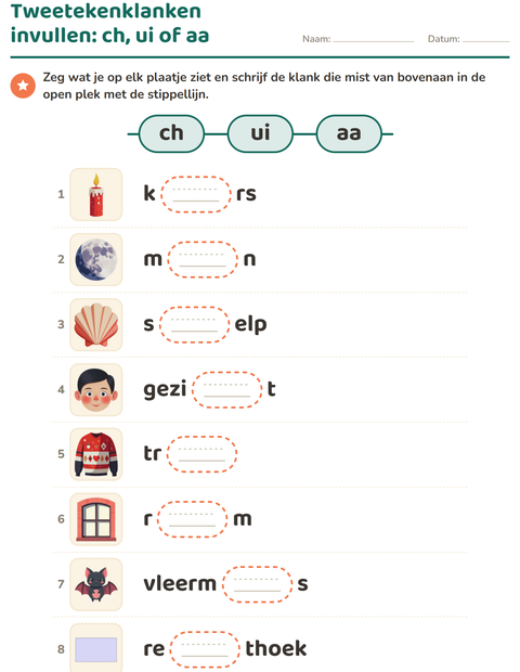 Voorbeeld van het Tweetekenklanken-werkblad voor groep 3