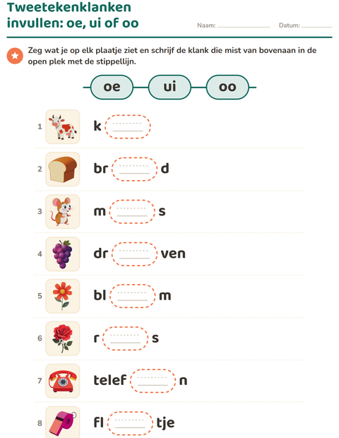 Voorbeeld van Tweetekenklanken invullen: oe, ui of oo