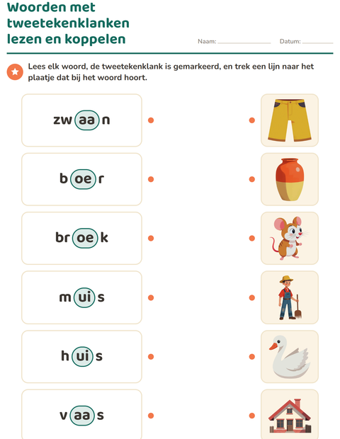 Voorbeeld van het Tweetekenklanken-werkblad voor groep 3
