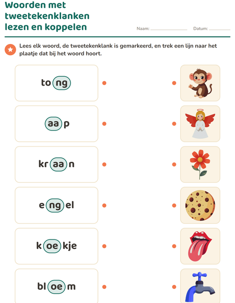 Voorbeeld van het Tweetekenklanken-werkblad voor groep 3