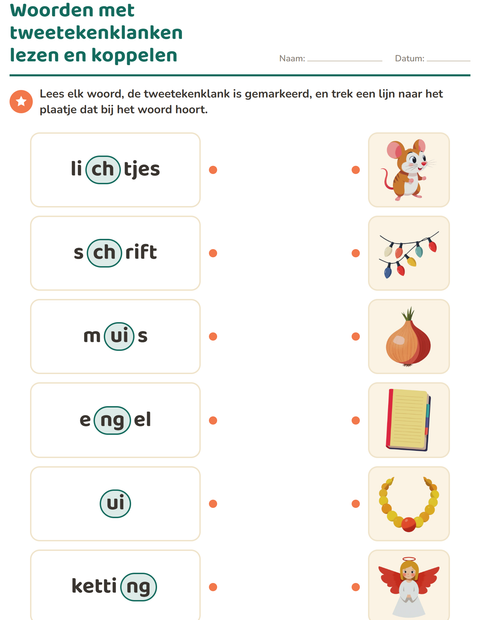 Voorbeeld van het Tweetekenklanken-werkblad voor groep 3
