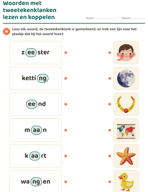 Voorbeeld van het Tweetekenklanken-werkblad voor groep 3