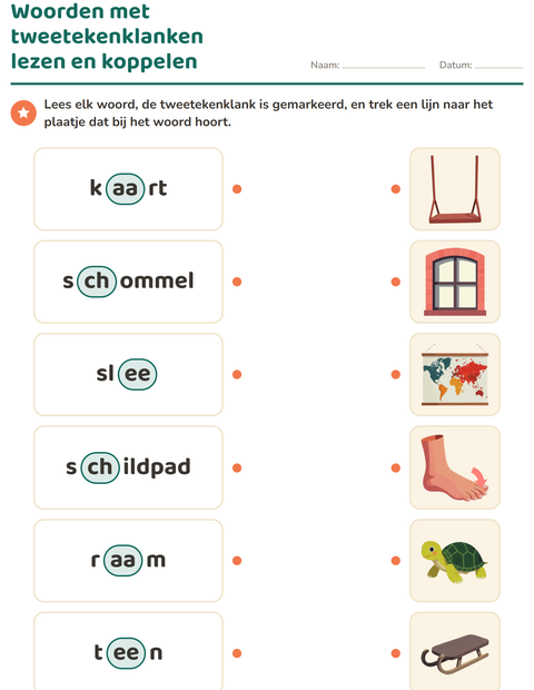 Voorbeeld van het Tweetekenklanken-werkblad voor groep 3