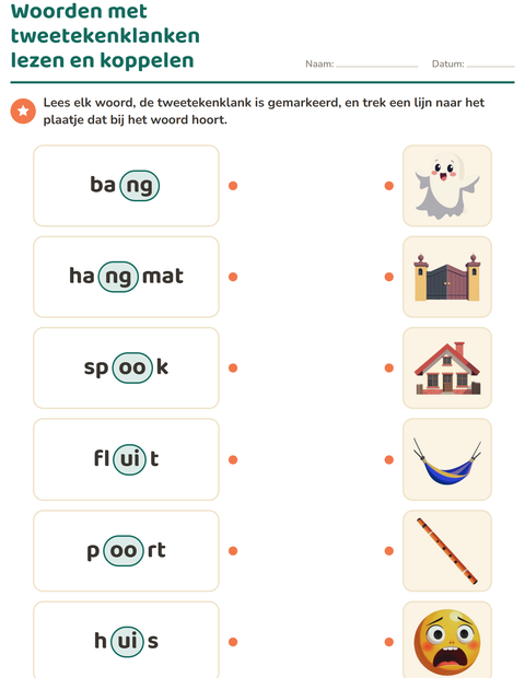 Voorbeeld van het Tweetekenklanken-werkblad voor groep 3