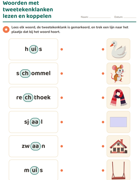 Voorbeeld van het Tweetekenklanken-werkblad voor groep 3