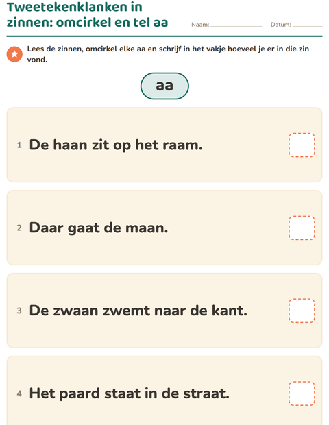 Voorbeeld van het Tweetekenklanken-werkblad voor groep 4