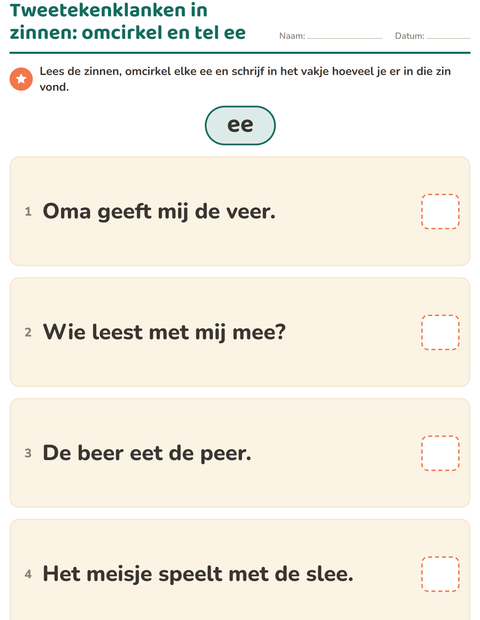 Voorbeeld van het Tweetekenklanken-werkblad voor groep 4