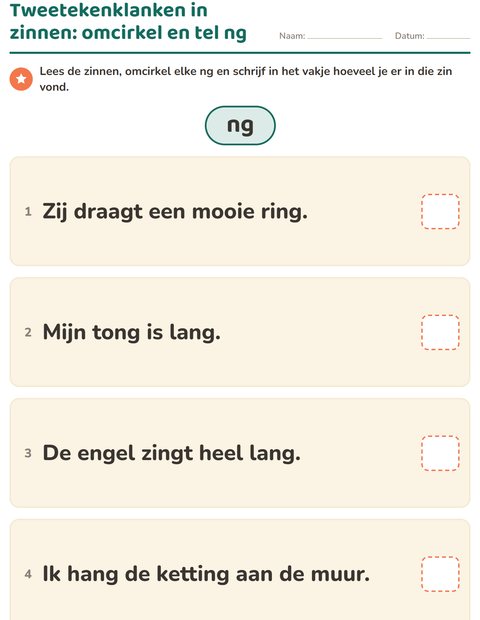 Voorbeeld van het Tweetekenklanken-werkblad voor groep 4