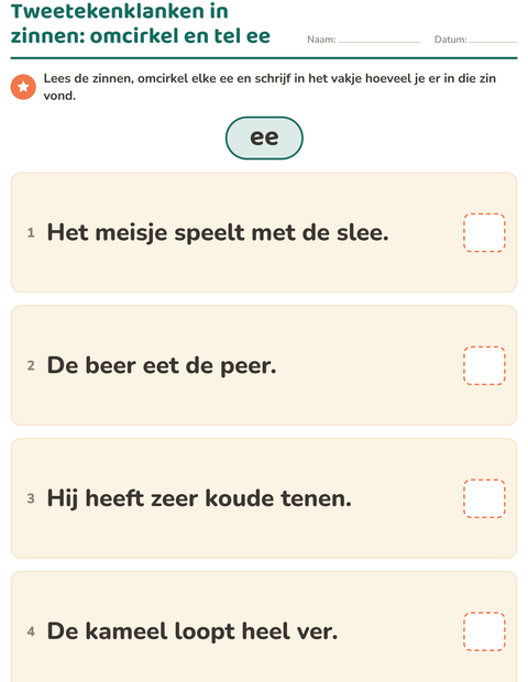 Voorbeeld van het Tweetekenklanken-werkblad voor groep 4