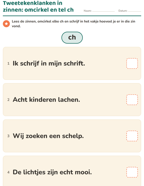 Voorbeeld van het Tweetekenklanken-werkblad voor groep 4