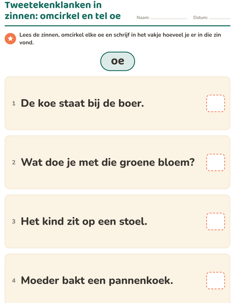 Tweetekenklanken in zinnen: omcirkel en tel de oe