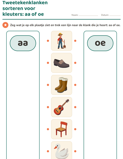 Voorbeeld van het Tweetekenklanken-werkblad voor kleuterklas
