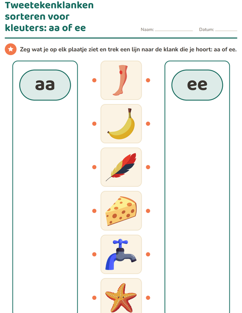 Voorbeeld van het Tweetekenklanken-werkblad voor kleuterklas