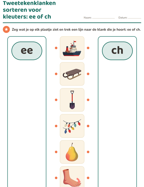 Voorbeeld van het Tweetekenklanken-werkblad voor kleuterklas