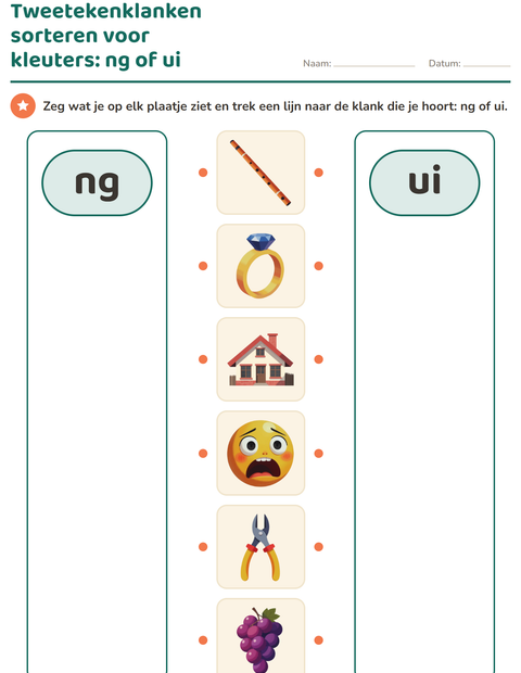 Voorbeeld van het Tweetekenklanken-werkblad voor kleuterklas