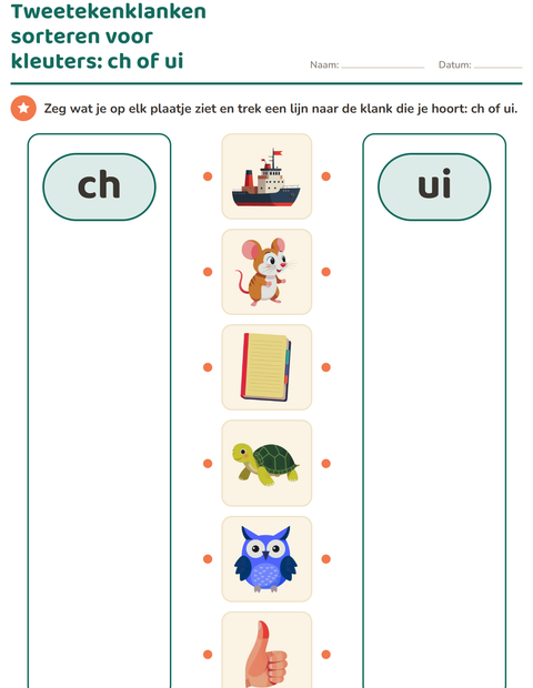 Voorbeeld van het Tweetekenklanken-werkblad voor kleuterklas