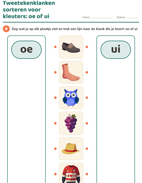 Voorbeeld van het Tweetekenklanken-werkblad voor kleuterklas
