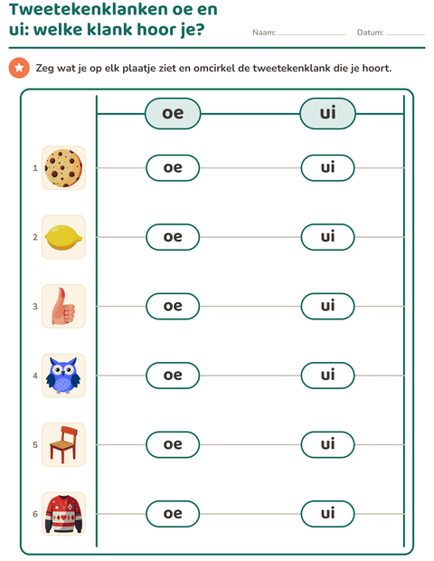 Voorbeeld van het Tweetekenklanken-werkblad voor groep 3
