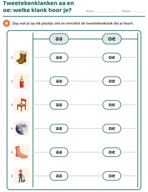 Voorbeeld van het Tweetekenklanken-werkblad voor groep 3