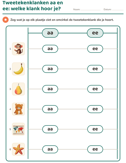 Voorbeeld van het Tweetekenklanken-werkblad voor groep 3