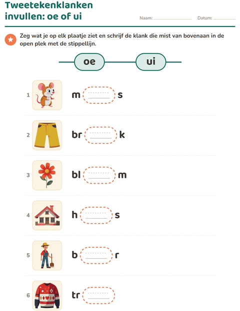 Voorbeeld van het Tweetekenklanken-werkblad voor groep 3