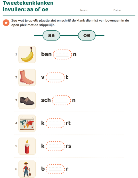 Voorbeeld van het Tweetekenklanken-werkblad voor groep 3