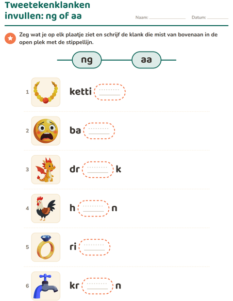 Voorbeeld van het Tweetekenklanken-werkblad voor groep 3