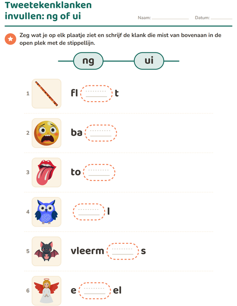 Voorbeeld van het Tweetekenklanken-werkblad voor groep 3