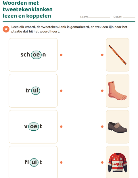 Voorbeeld van het Tweetekenklanken-werkblad voor groep 3