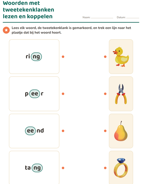Voorbeeld van het Tweetekenklanken-werkblad voor groep 3