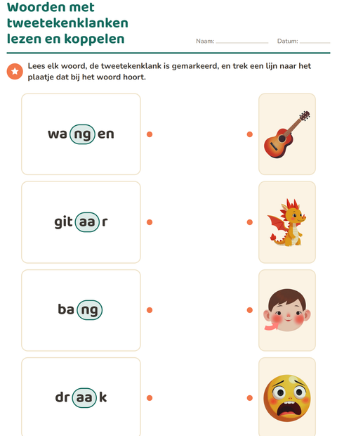 Voorbeeld van het Tweetekenklanken-werkblad voor groep 3