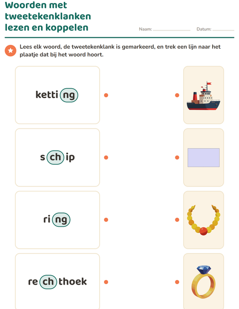 Voorbeeld van het Tweetekenklanken-werkblad voor groep 3
