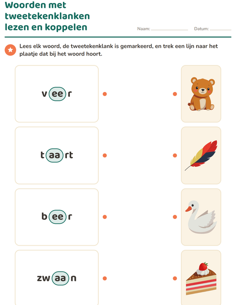 Voorbeeld van het Tweetekenklanken-werkblad voor groep 3