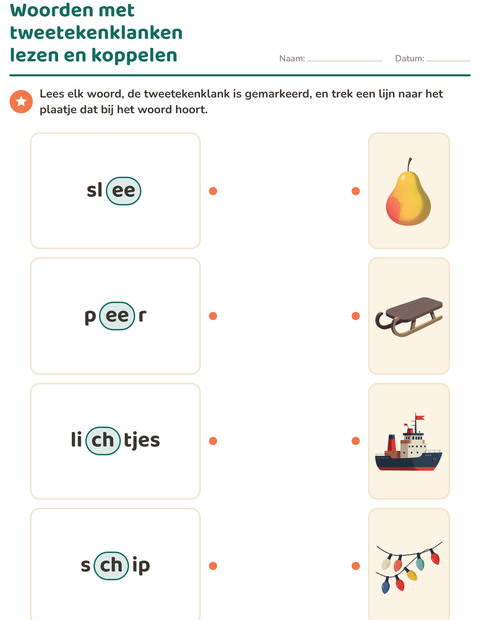 Voorbeeld van het Tweetekenklanken-werkblad voor groep 3