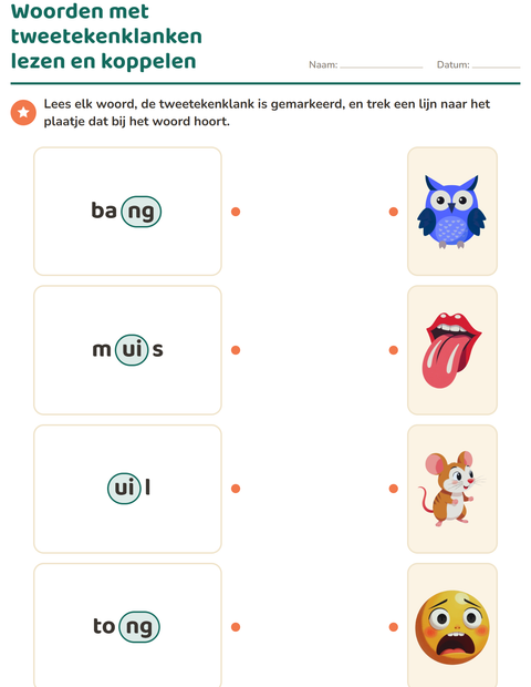 Voorbeeld van het Tweetekenklanken-werkblad voor groep 3