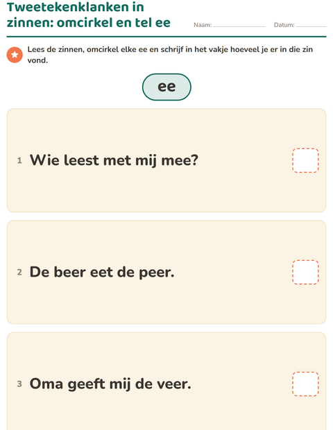 Voorbeeld van het Tweetekenklanken-werkblad voor groep 4