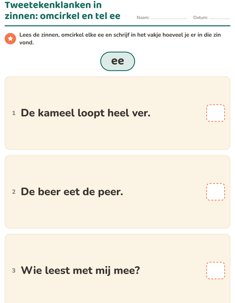 Voorbeeld van het Tweetekenklanken-werkblad voor groep 4
