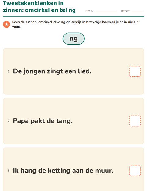 Voorbeeld van het Tweetekenklanken-werkblad voor groep 4