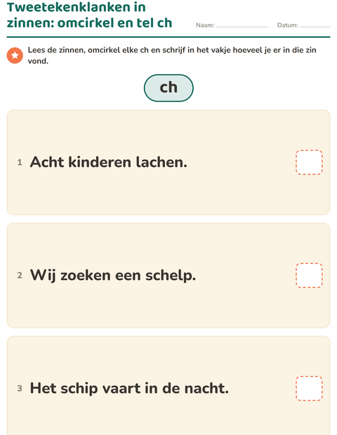 Voorbeeld van het Tweetekenklanken-werkblad voor groep 4