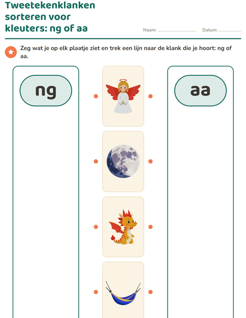 Voorbeeld van het Tweetekenklanken-werkblad voor kleuterklas