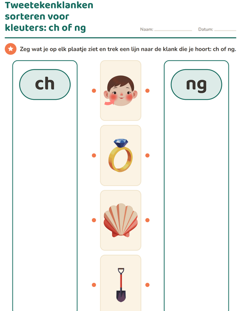Voorbeeld van het Tweetekenklanken-werkblad voor kleuterklas