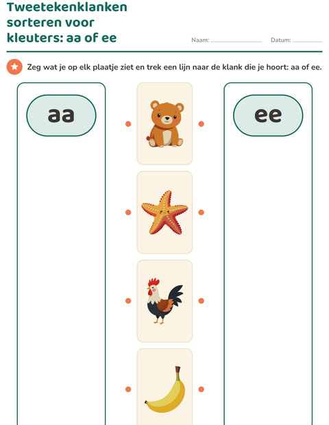 Voorbeeld van het Tweetekenklanken-werkblad voor kleuterklas