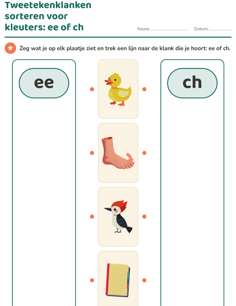 Voorbeeld van het Tweetekenklanken-werkblad voor kleuterklas