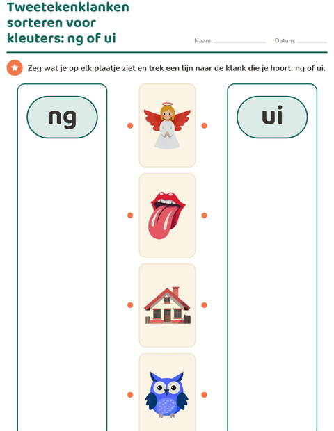 Voorbeeld van het Tweetekenklanken-werkblad voor kleuterklas